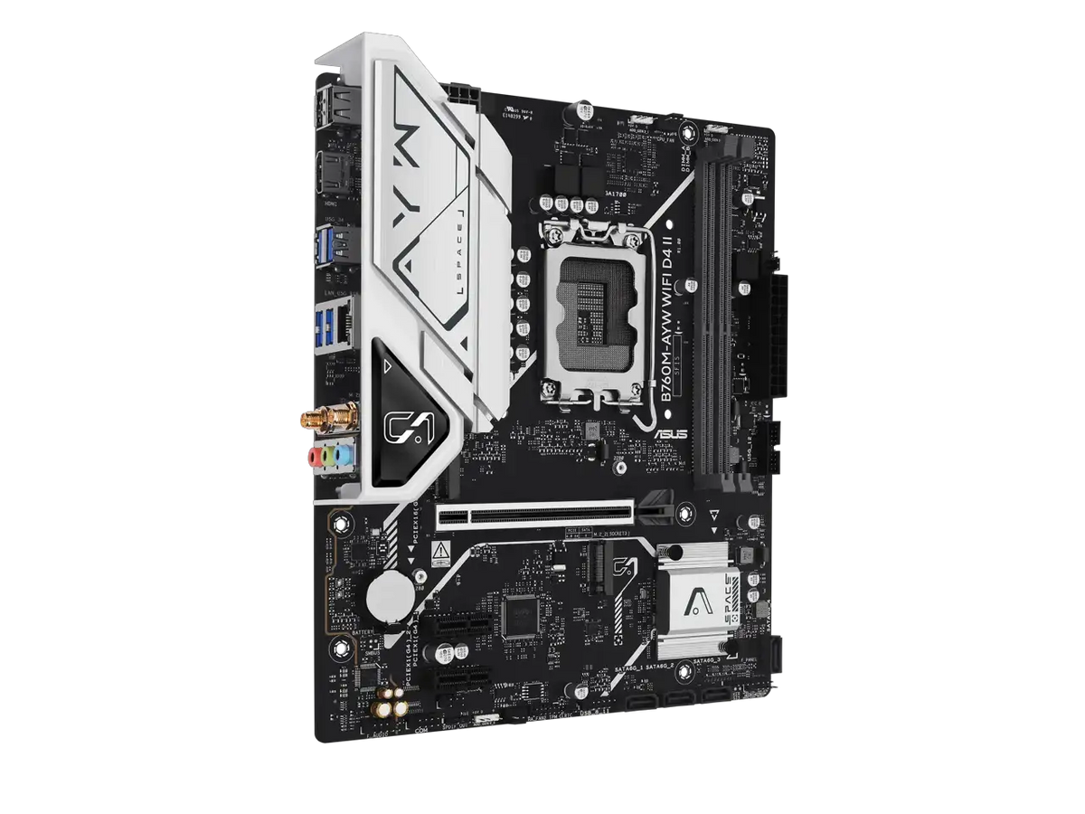 ASUS B760M-AYW WIFI D4 II Intel B760 (LGA 1700) microATX mATX motherboard, PCIe 5.0 x16 Support, two M.2 slots, DDR4, Realtek 2.5Gb Ethernet, Wi-Fi 6, HDMI, SATA 6 Gbps, front USB 5Gbps, Aura Sync