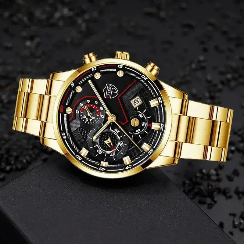 Men Stainless Steel Quartz Watch With Calendar Necklace Set
