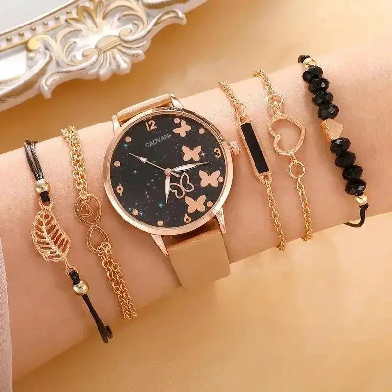 Starry Sky Butterfly Dial Leather Belt Womens Fashion Watch