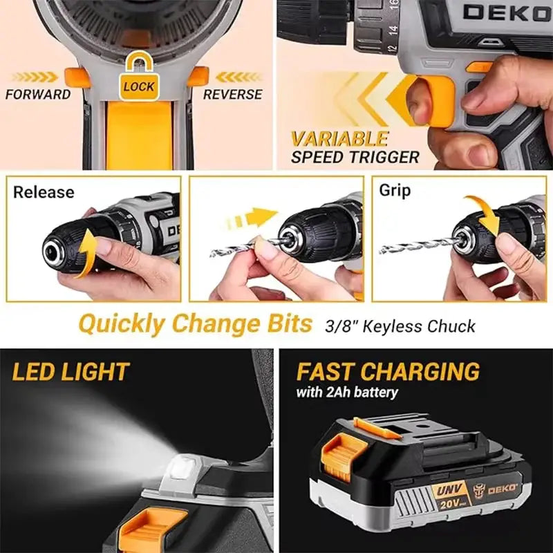 20V DEKO cordless drill kit with battery, manual repair, men's drill,basic toolbox, suitable for household tools