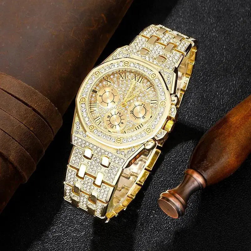 Golden Diamond Dial Mens Watch Quartz Timepiece Elegant