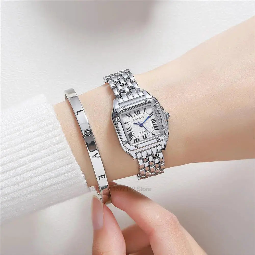 Golden Square Roman Scale Watch Luxury Timepiece For Women