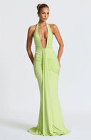 Mozision Deep V Neck Draped Maxi Dresses for Women Halter Backless Club Elegance