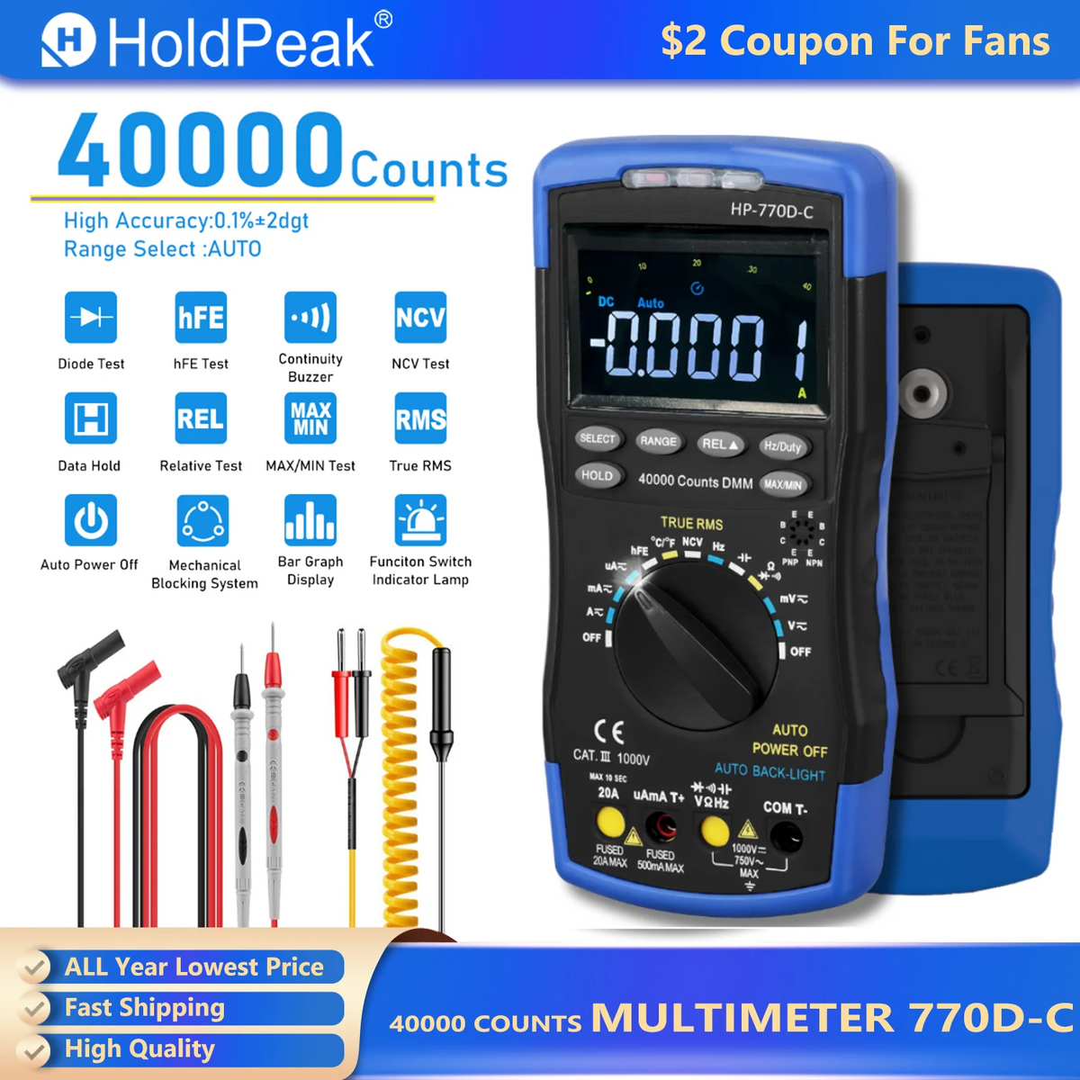 HoldPeak LCD Digital Counts True RMS Auto Range Multimetro — product view 2