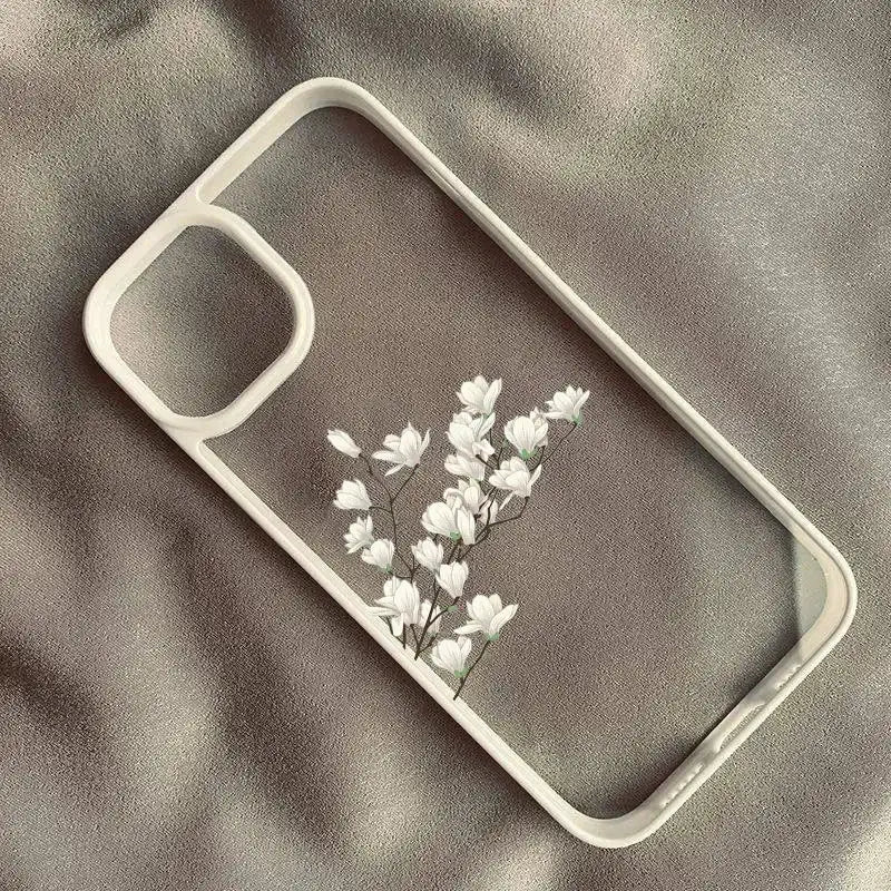 White Magnolia Flower Phone Case For iPhone 14 Pro 15 13 12Mini 11 18 Pro Max 16 17 Air Plum Blossom Shockproof Clear Hard Cover