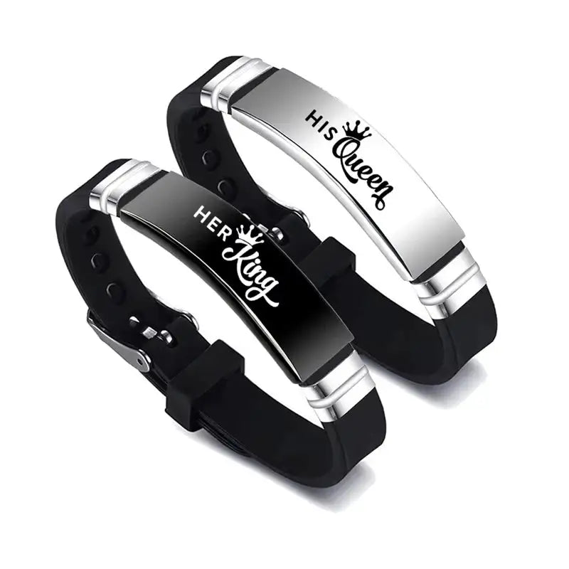 2Pcs/Set His Queen Her King Couple Minimalist Bracelet Stainless Steel Adjustable Silicone Strap Bangle Valentine's Day Gift