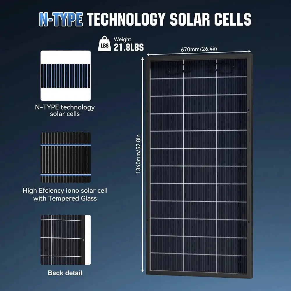 RVPOZWER 200W/400W/800W Bifacial Solar Panel 18BB N-Type Mono Cells High-Efficiency PV Power for Home Rooftop Off-Grid Outdoor