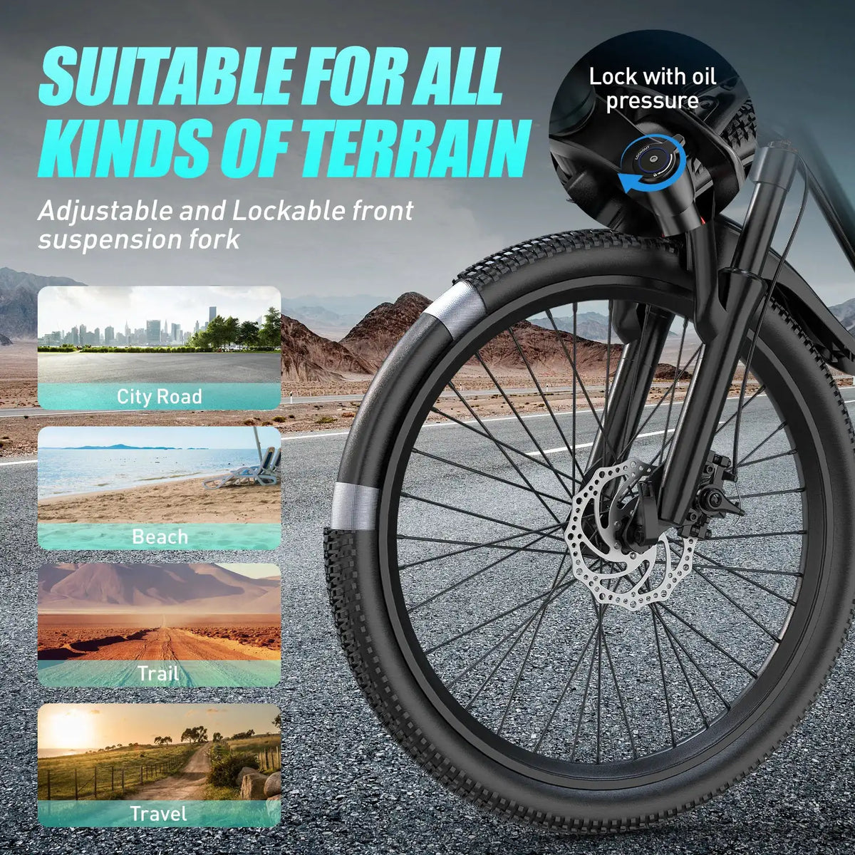GT300 26 Inch Adults Electric Mountain Bike Ebike, 748W Peak 400W Rated Motor, 22MPH Max Speed, 36V 10Ah Removable Lithium Battery, Shimano 7‑Speed Gears, Lockable Front Shock Absorber Dual Disc Brake for Commuter Off‑Roa