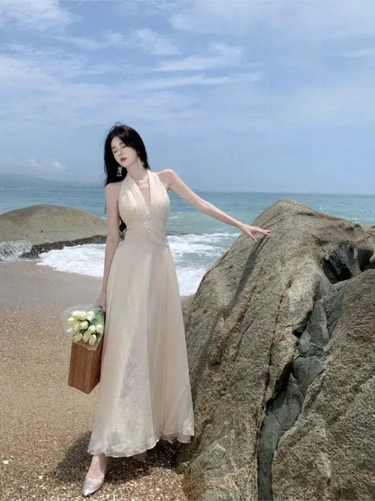 Elegant White Maxi Dress Halter Gown For Beach Wedding