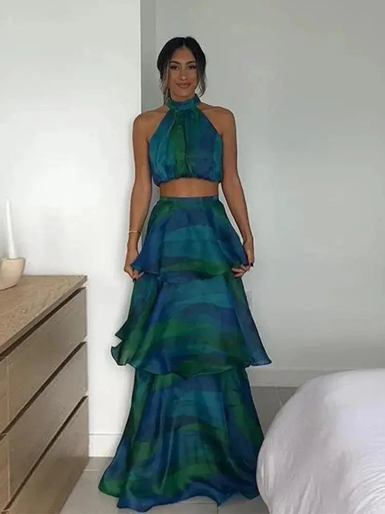 Bohemian Patchwork Ruffle Halter Dress For Summer Chic