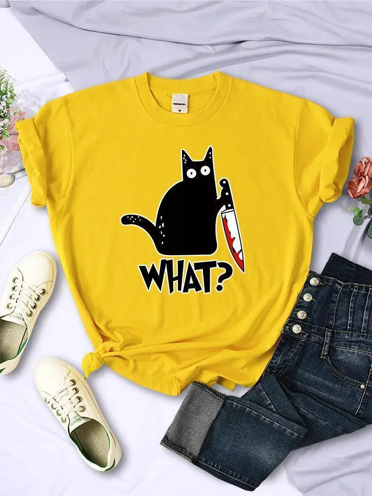 Urban Chic Black Cat Knife Print Tee For Women Fashion