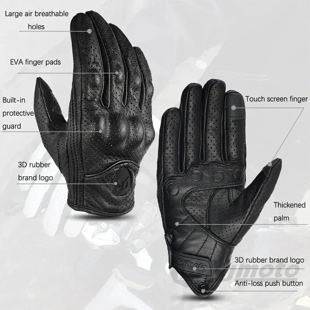 Vintage Black Leather Motorcycle Gloves For Men Biker Racing