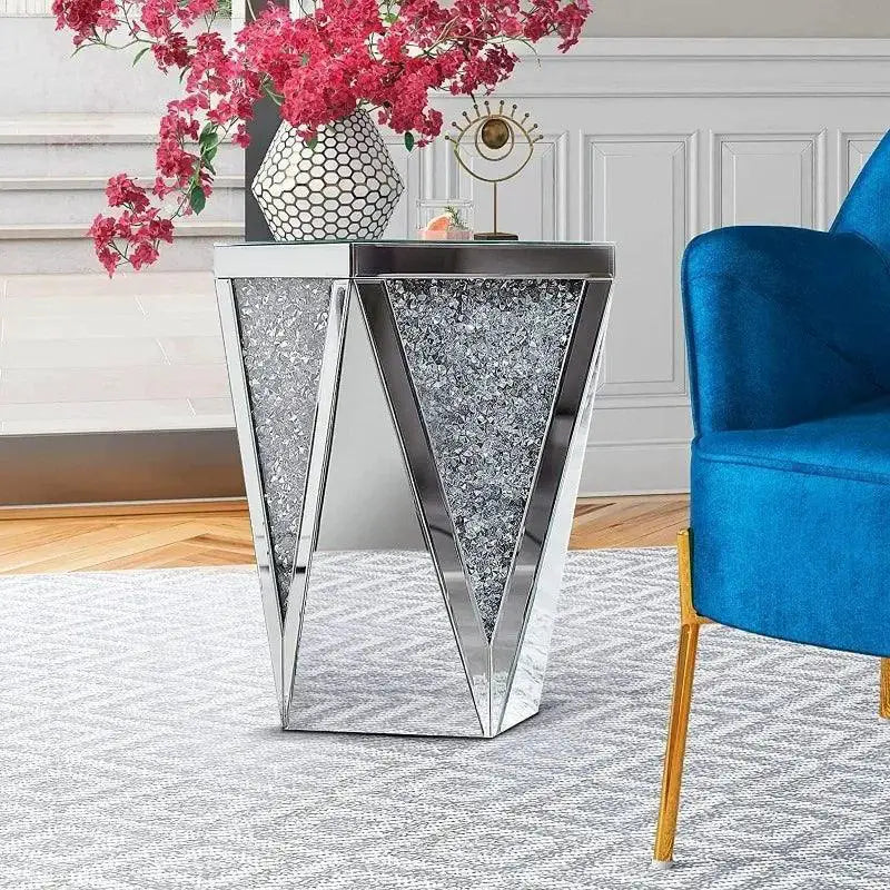Pregaspor Silver Mirrored End Table With Crystal Inlay