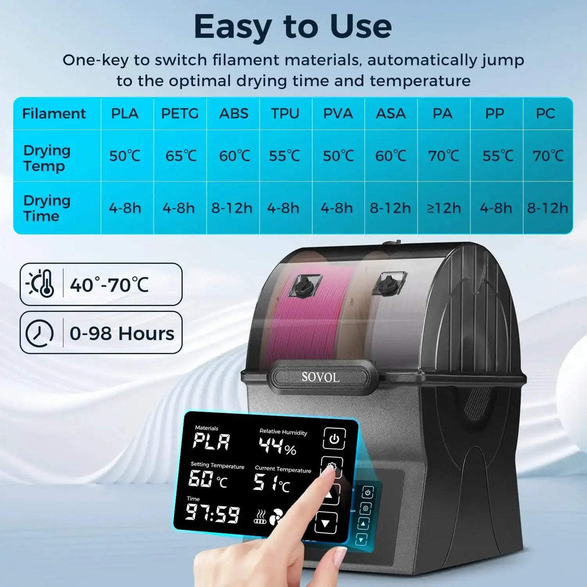 Sovol Filament Dryer SH02 Dry Box Filament Sealed Storage Box 3D Printer Spool Holder with PTC Heater Filament Dehydrator