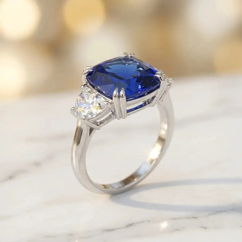 Royal Blue CZ Ring, Sterling , Three Stone Cushion Cut — product view 2