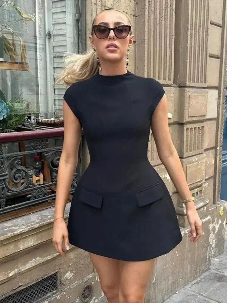 Solid Pocketed Mini Dress Sophisticated Elegance Charm