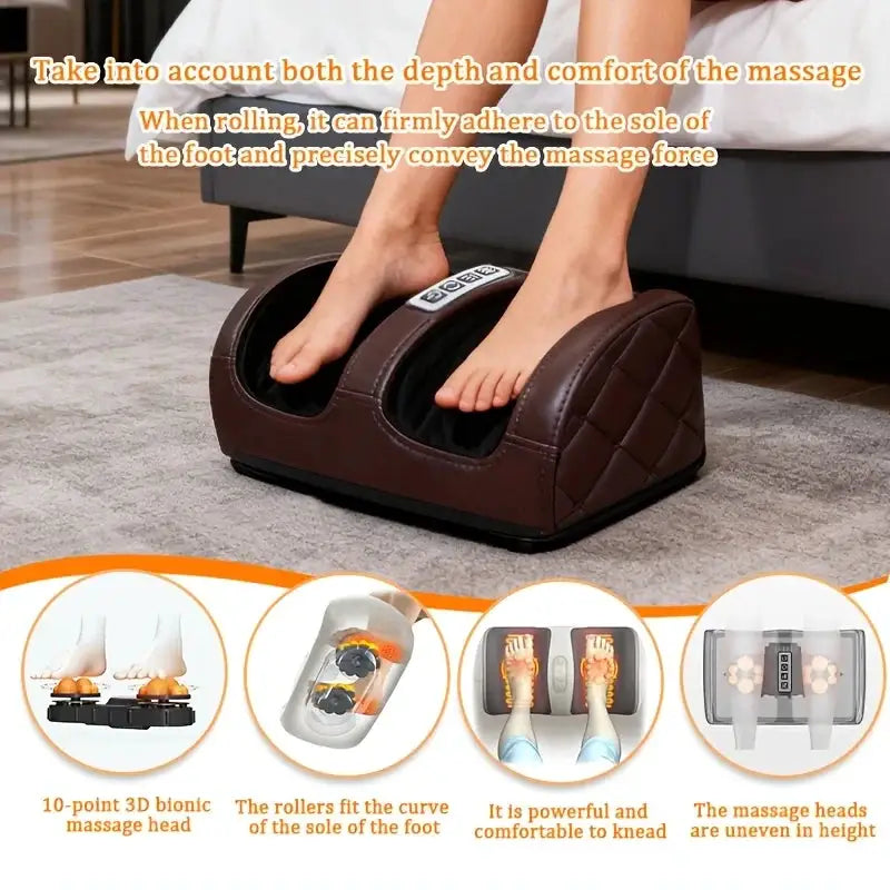 Electric Brown Foot Massager. Roller Acupressure Relaxation Massage, Targeted Massage of Foot Meridian Points. Two-Way Motion Modes, 3 Levels of Massage Intensity. Especially Suitable for Use on Calves, Feet, Legs, and Hands.