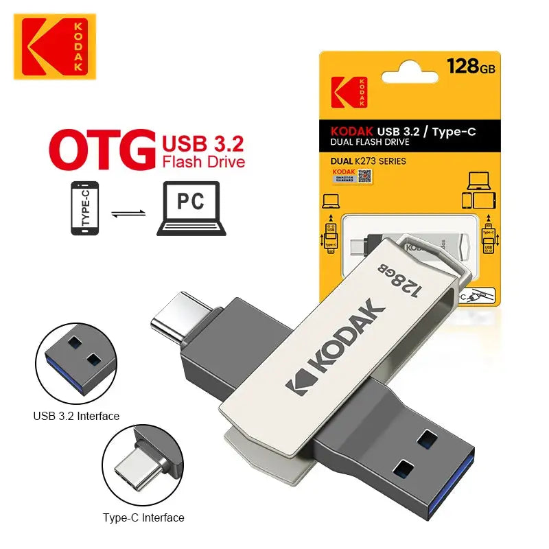 Kodak USB 3.2 Type C OTG Dual Flash Drive K273 128GB USB3.0 Mini Pendrive Metal U-disk for Smart Phone PC Desktop Laptop MacBook