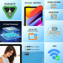 Android 15 Tablet, 10.0-inch Screen, Quad-Core Processor, 12GB RAM (3GB+9GB), 64GB Storage, 2MP+8MP Dual Cameras, 6000mAh