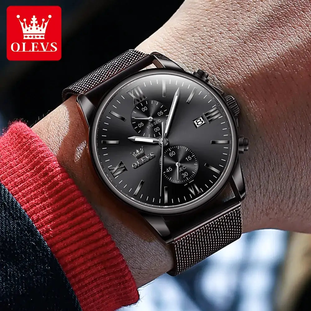 OLEVS 2886 Men's Watches Classic Multifunctional Chronograph Date Original Quartz Wristwatch Mesh Belt Waterproof Luminous Reloj