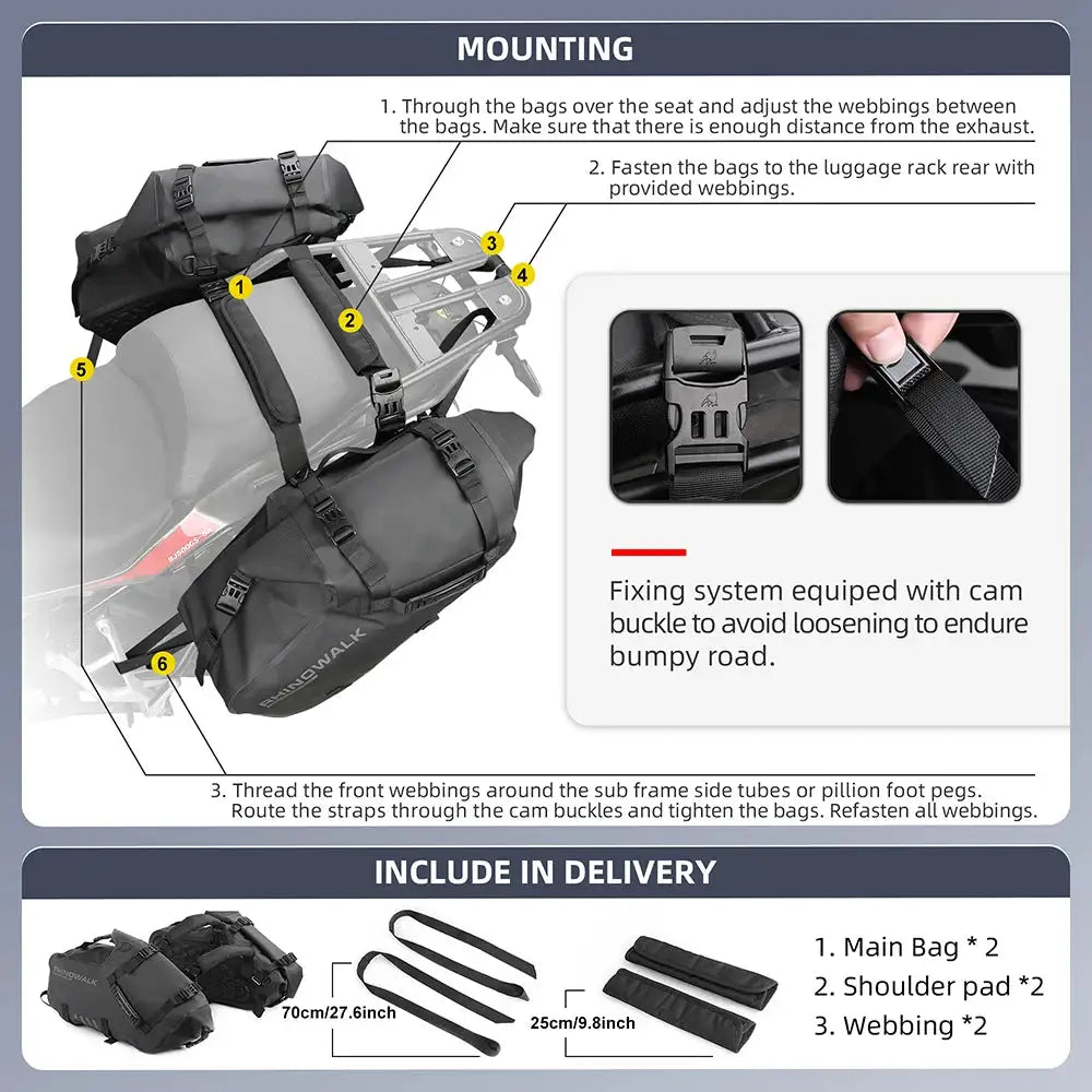 Rhinowalk Motorcycle Saddlebag Waterproof For Most Without Side Racks Off-road Sport Bike Fit BMW Honda Kawasaki Yamaha Benelli