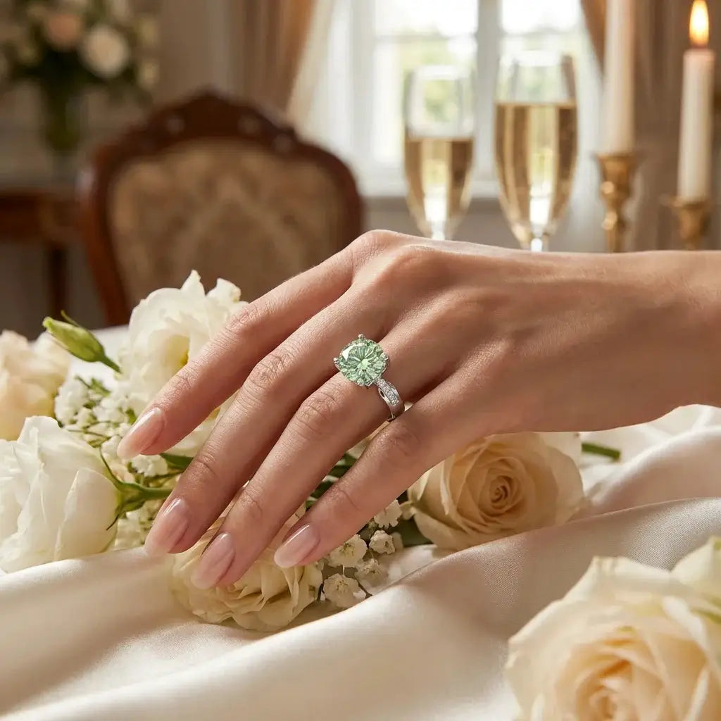 Round Green Moissanite Ring in Sterling Silver — product view 5