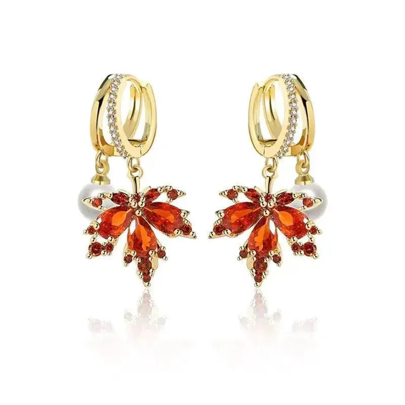 Vintage Red Maple Leaf Crystal Earrings Timeless Elegance