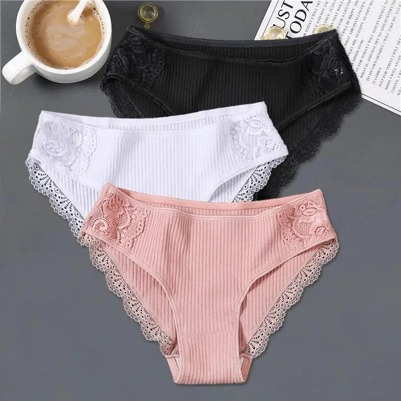Elegant Lace Trim Cotton Panties Set Stylish Low Rise Pack