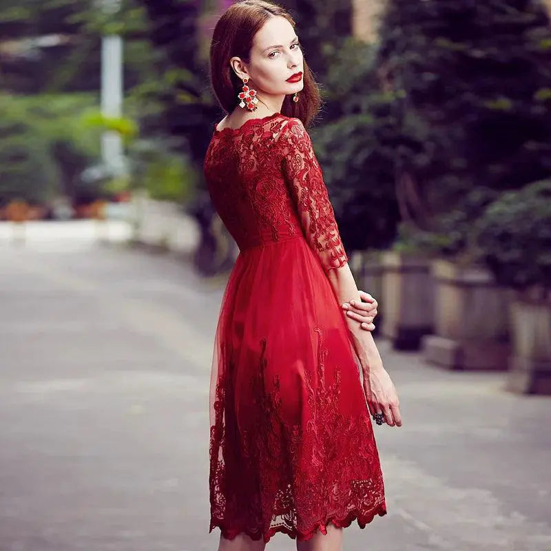 Red Lace Off Shoulder Midi Dress Hollow Embroidery