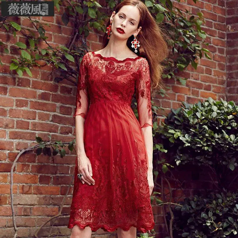 Red Lace Off Shoulder Midi Dress Hollow Embroidery