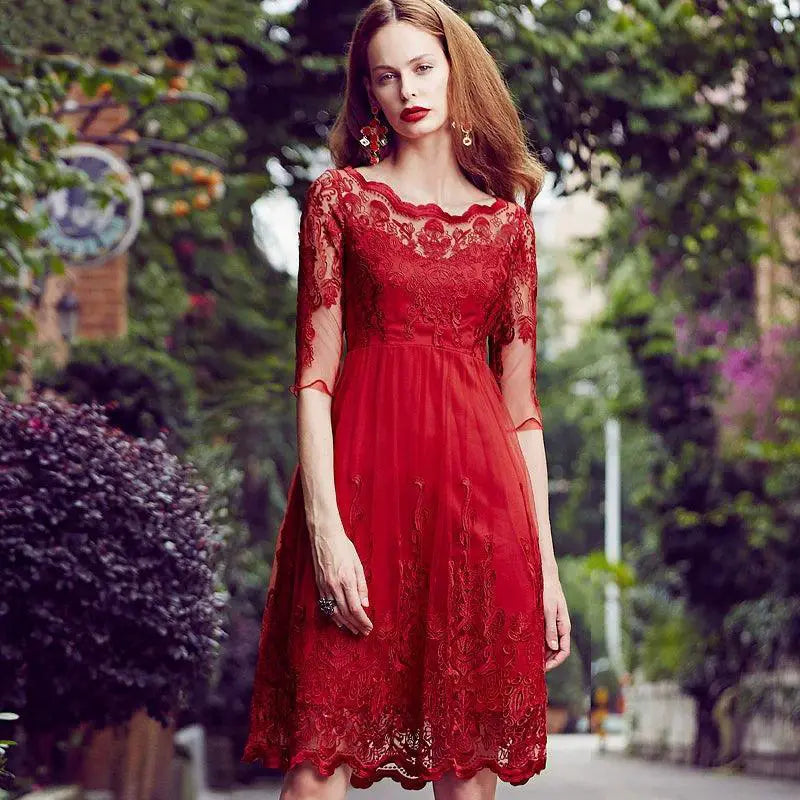 Red Lace Off Shoulder Midi Dress Hollow Embroidery