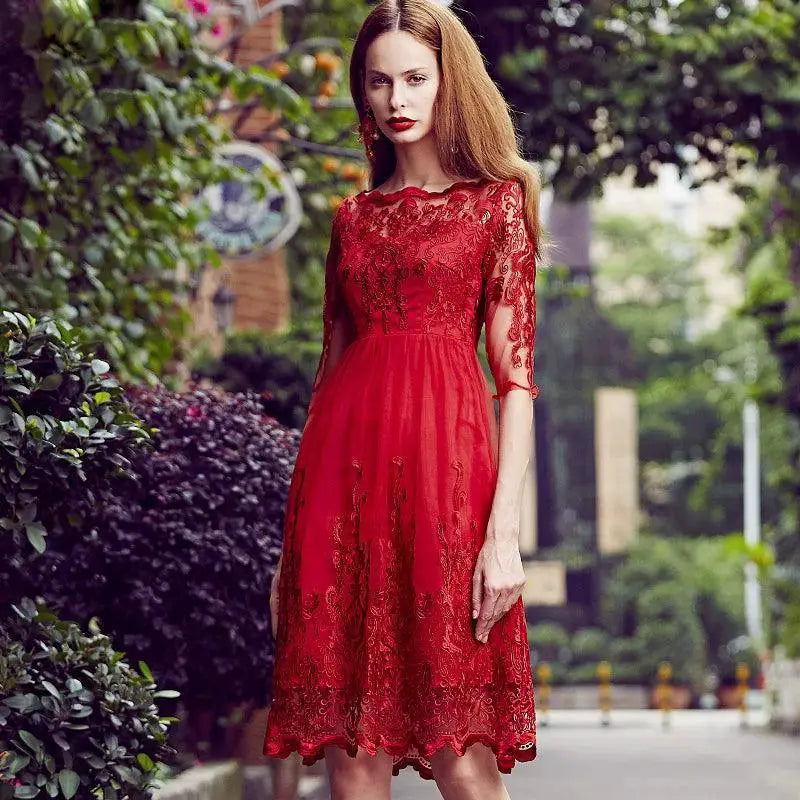 Red Lace Off Shoulder Midi Dress Hollow Embroidery