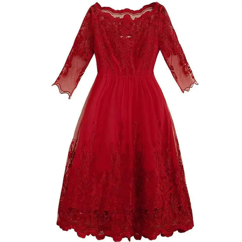 Red Lace Off Shoulder Midi Dress Hollow Embroidery