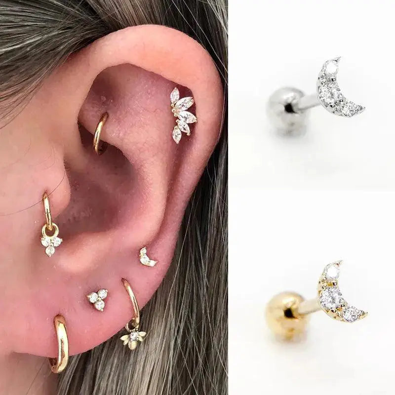 Moon Stud Earring Sterling Silver Jewelry With Zircon Glam