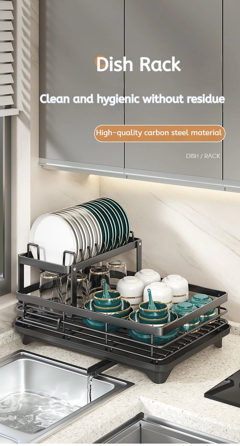 Adjustable Steel Dish Drying Rack 2 Tier Plate Organizer For Kitchen Utensils