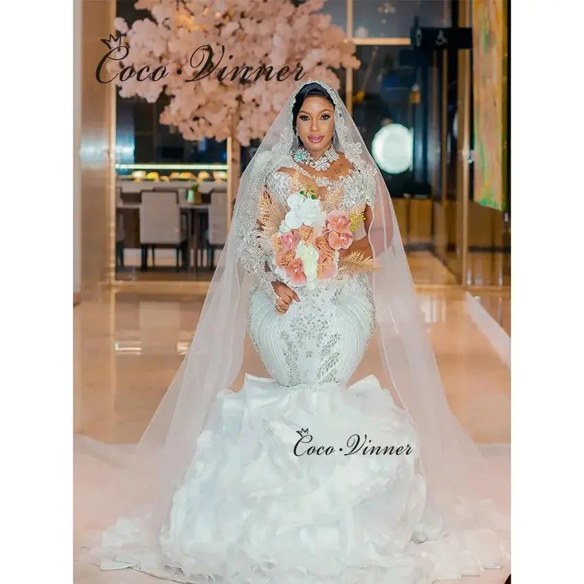 Africa Luxury Mermaid Wedding Dress With Sparkling Detachable Beaded Lace Train