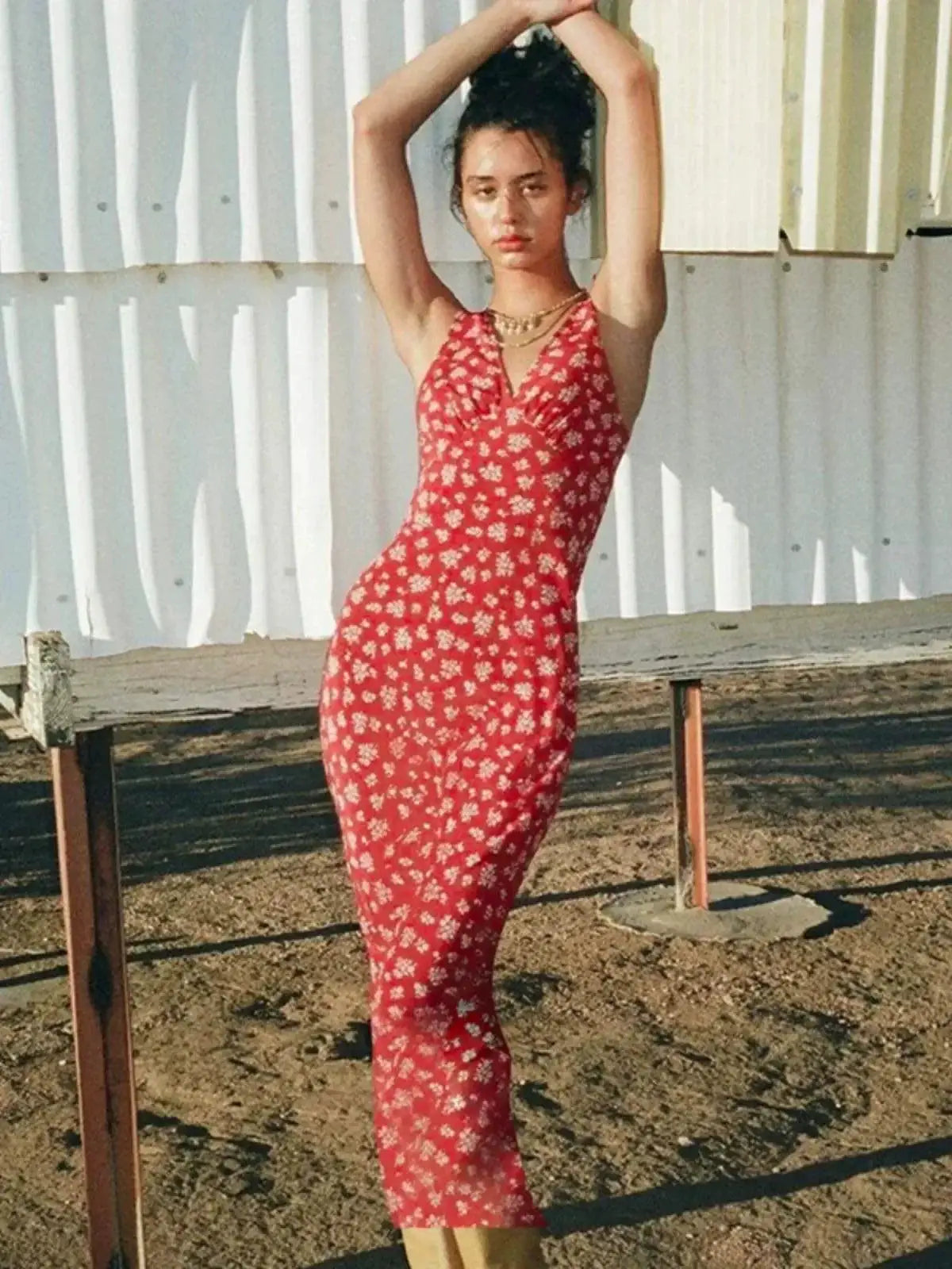 Ahagaga Deep V Neck Floral Dress Elegant Autumn Style