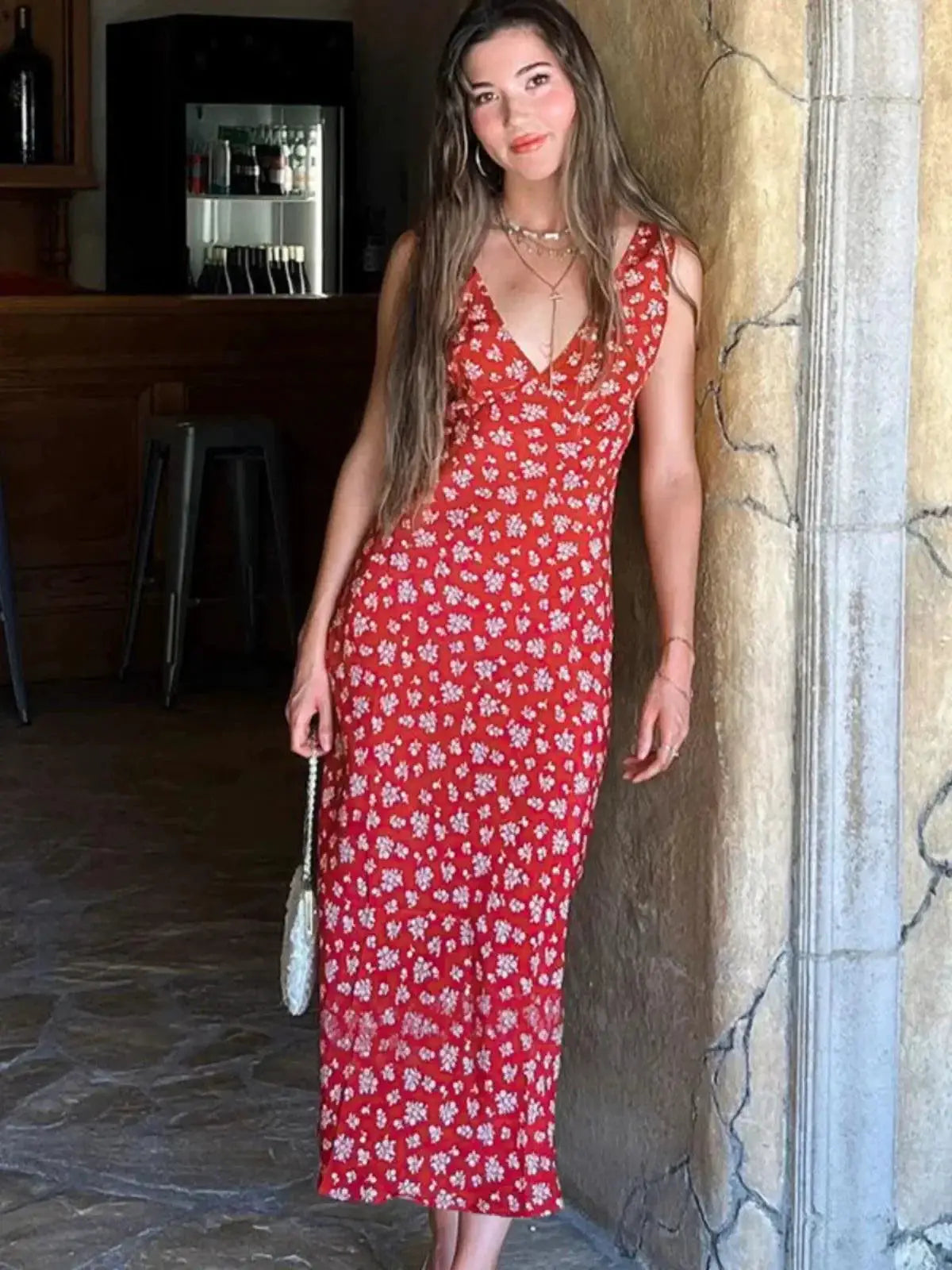 Ahagaga Deep V Neck Floral Dress Elegant Autumn Style