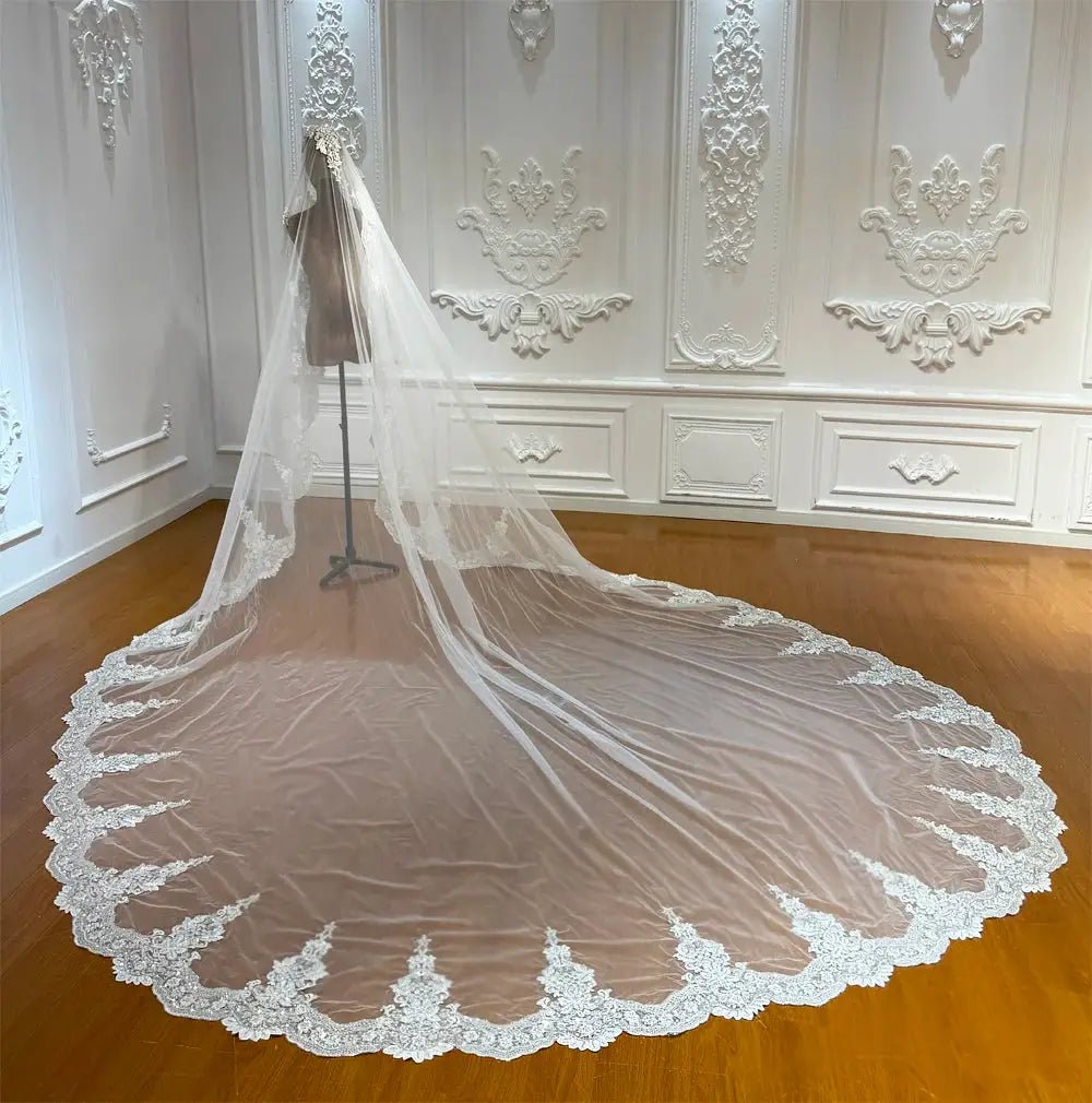 Amanda Novias Luxury Lace Border Long Wedding Veil for Brides Timeless Glamour