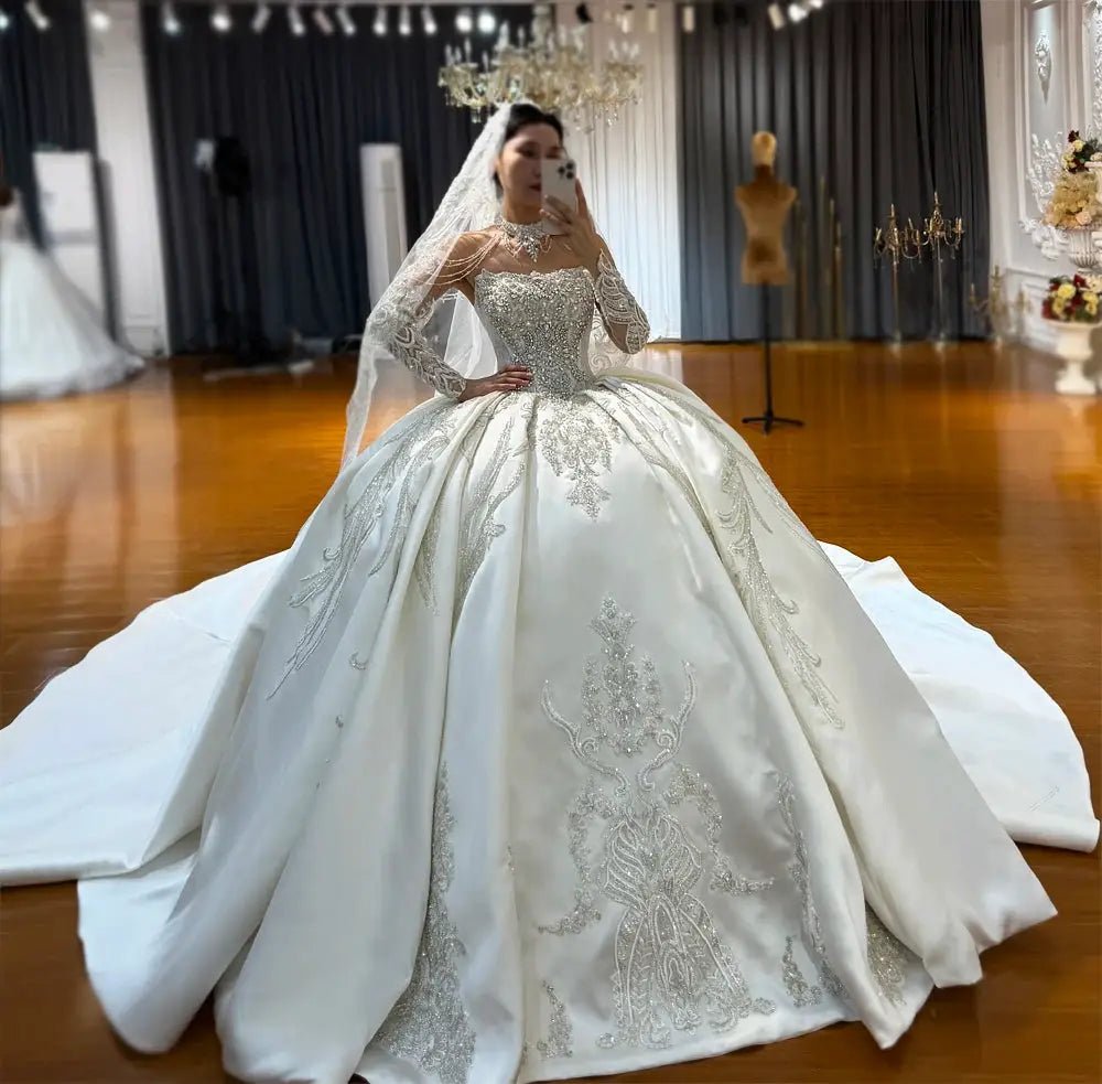 Amanda Novias Satin Lace Wedding Dress NS5046 With Detachable Sleeves