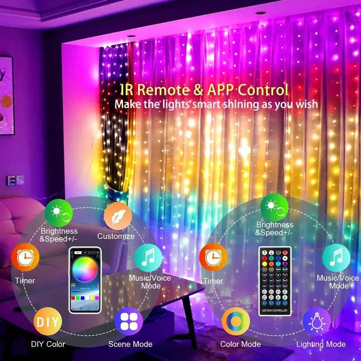 App Controlled RGB Curtain Lights With 16M Colors And Music - OurLum.com