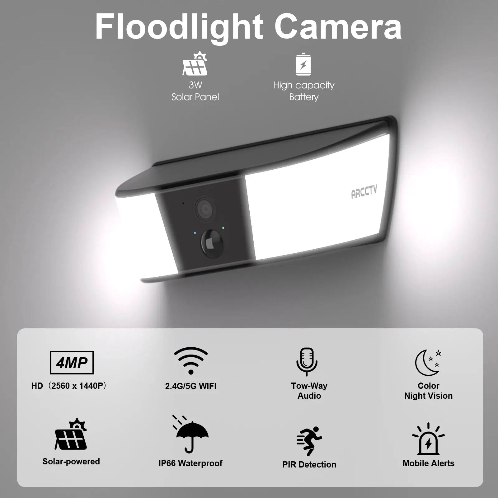 ARCCTV 2K Solar WiFi Floodlight Camera With Two Way Audio Smart Home Guard