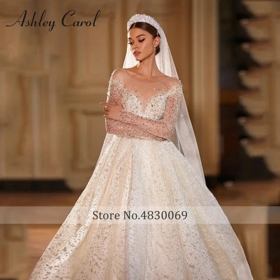 Ashley Carol Luxury Long Sleeve Wedding Dress Princess Sparkling Beaded Details