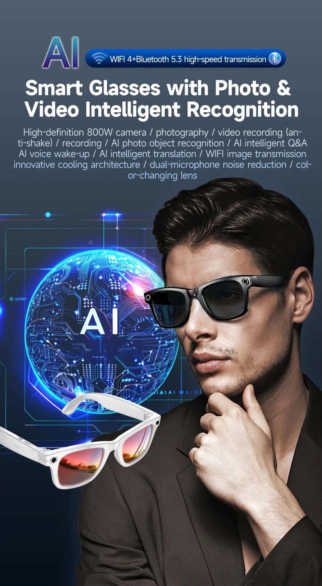 AstraLens Smart Glasses 8MP Camera AI Translation Bluetooth Calls Recording Lite