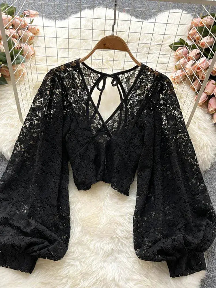 Autumn Charm Blouse Stylish V Neck Open Back Top 2023
