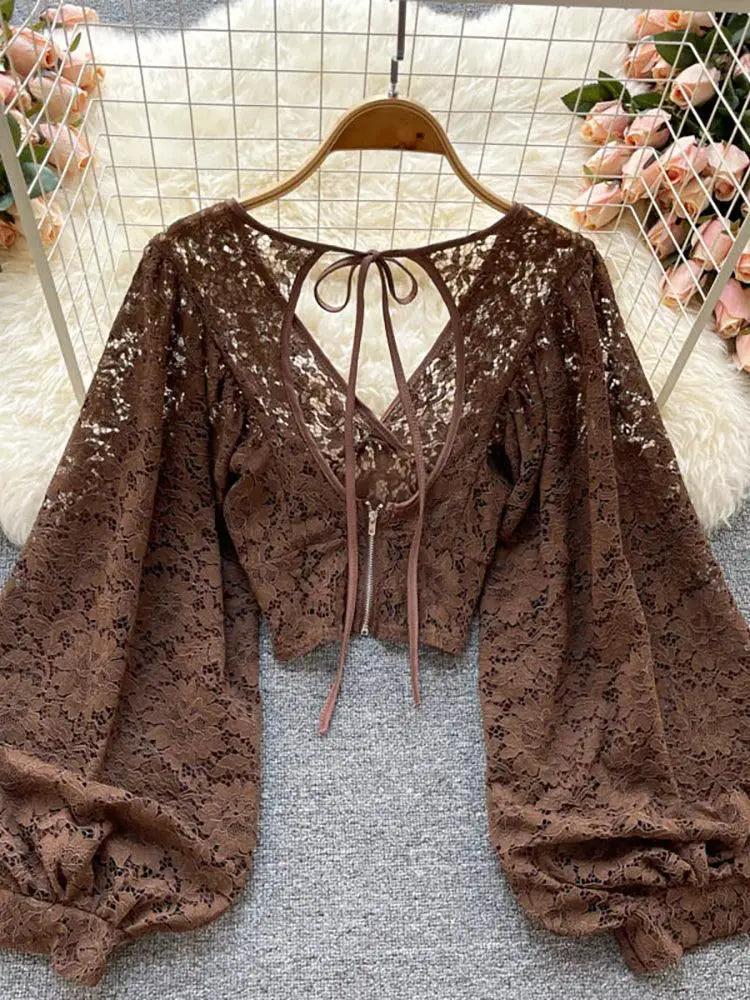 Autumn Charm Blouse Stylish V Neck Open Back Top 2023