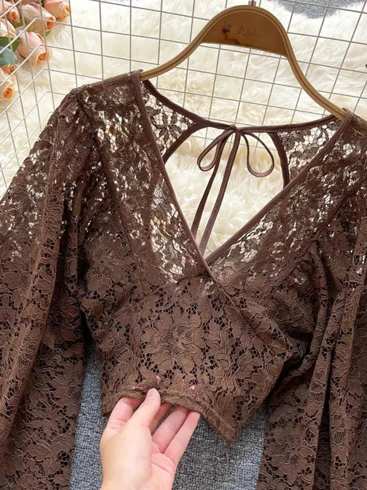 Autumn Charm Blouse Stylish V Neck Open Back Top 2023