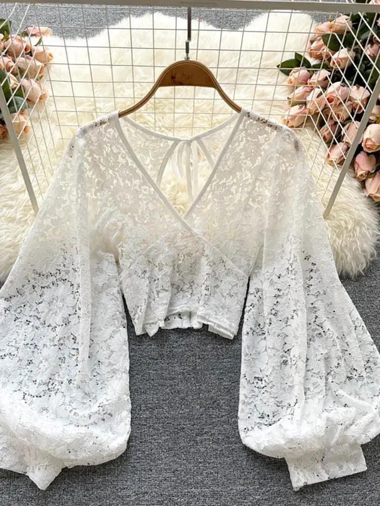 Autumn Charm Blouse Stylish V Neck Open Back Top 2023