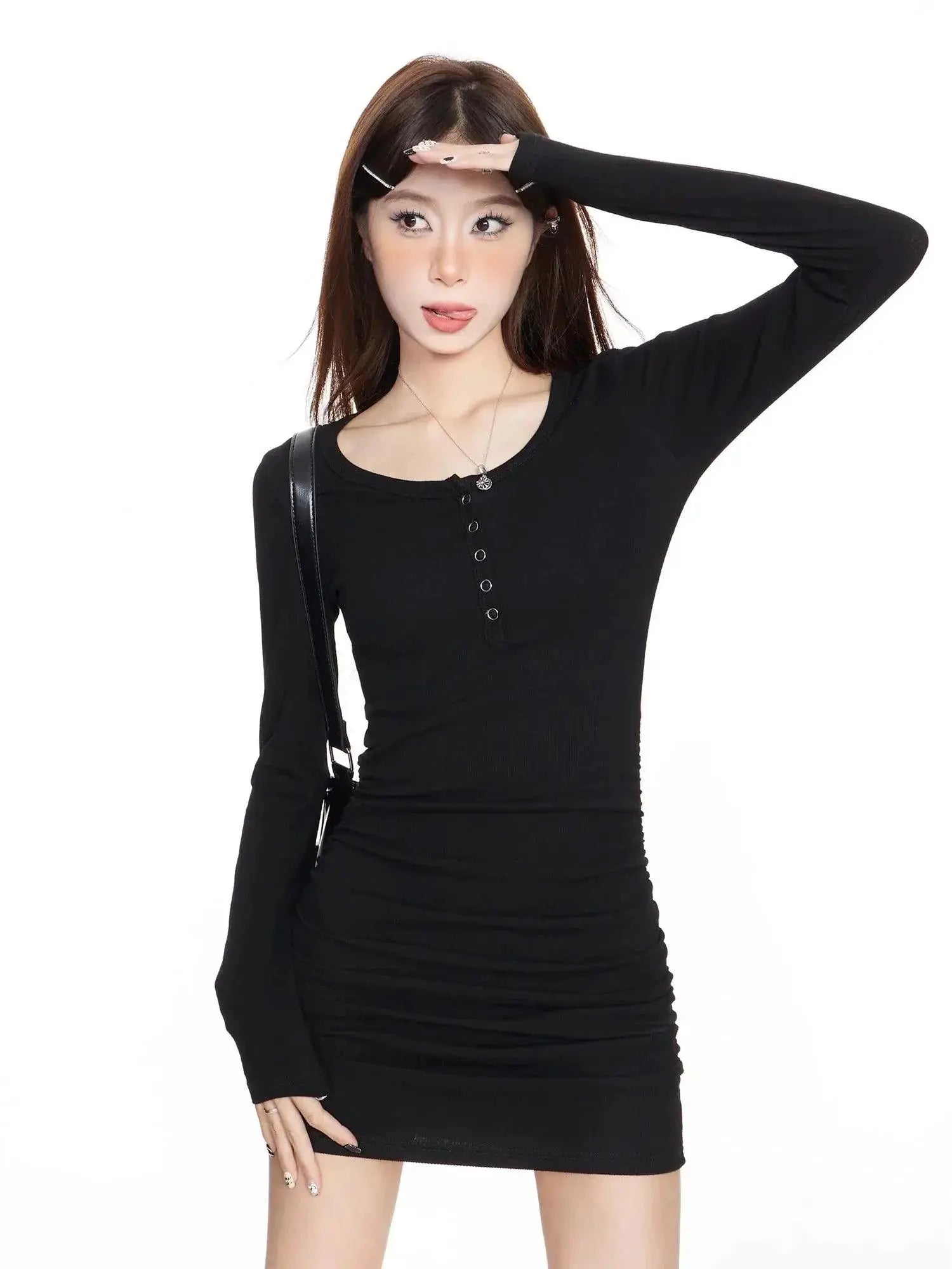 Autumn Chic Black Pleated Dress Long Sleeve Party Attire