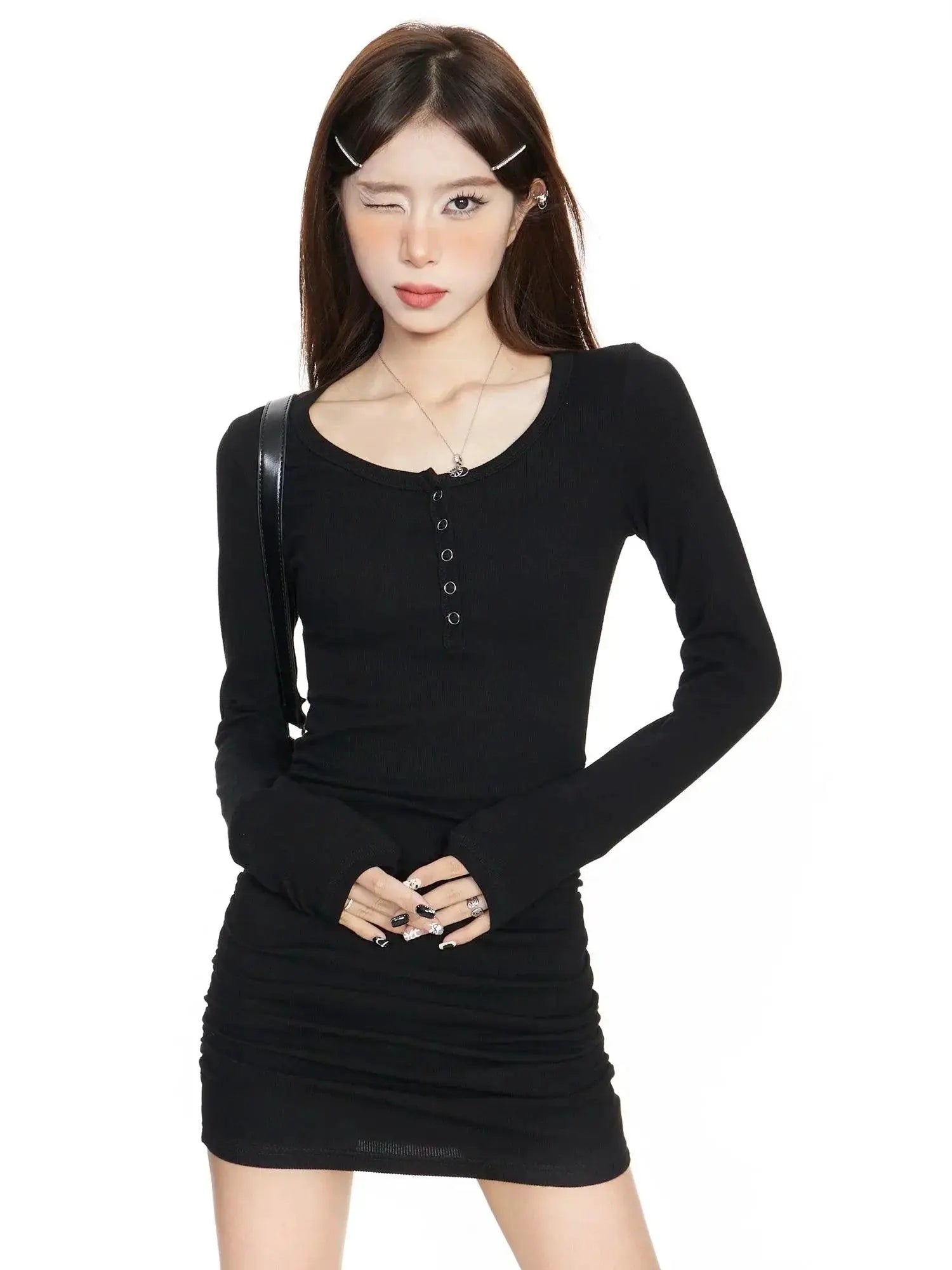 Autumn Chic Black Pleated Dress Long Sleeve Party Attire